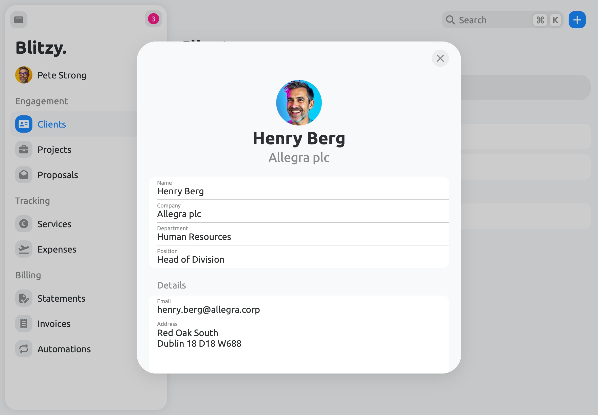 Client details with a scheduled follow-up and automatic reminder