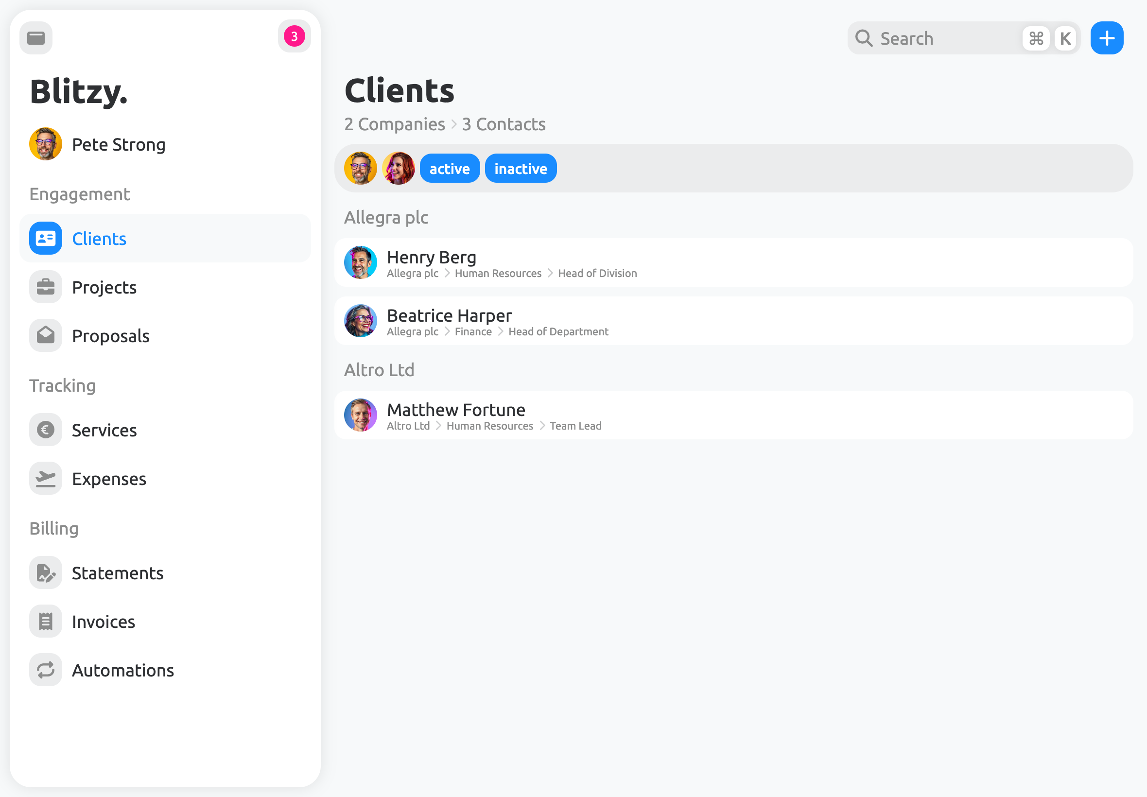 Central client list with companies and contacts