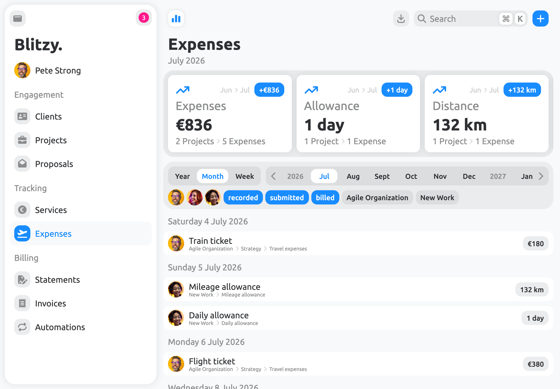 Expense overview for receipts, mileage and daily allowances