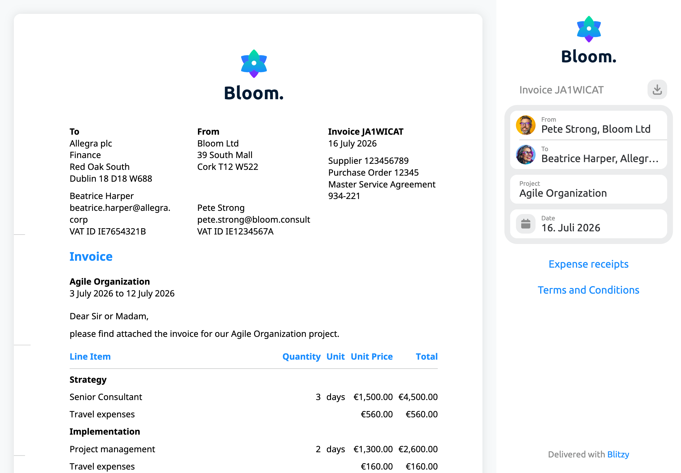 E-invoice in the client portal with your consulting firm’s branding and a GiroCode for faster payment