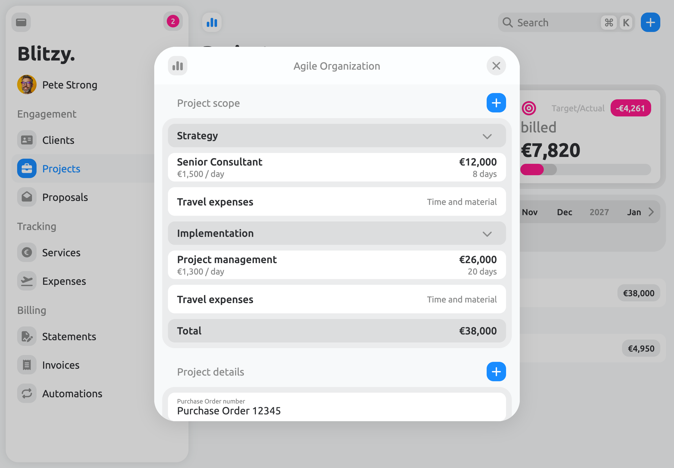 Project scope with assigned day rates and travel costs