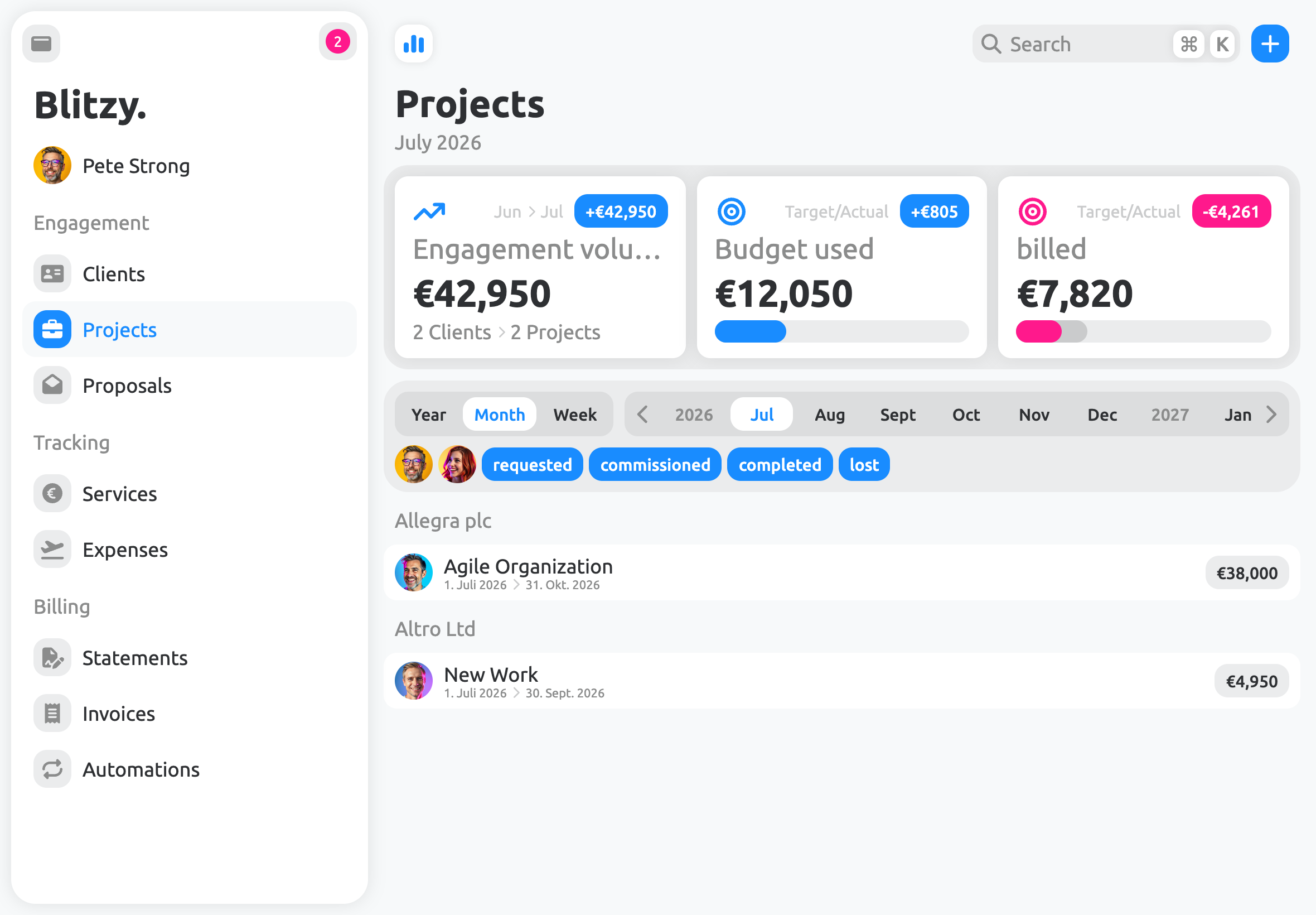 Central project list with real-time reporting