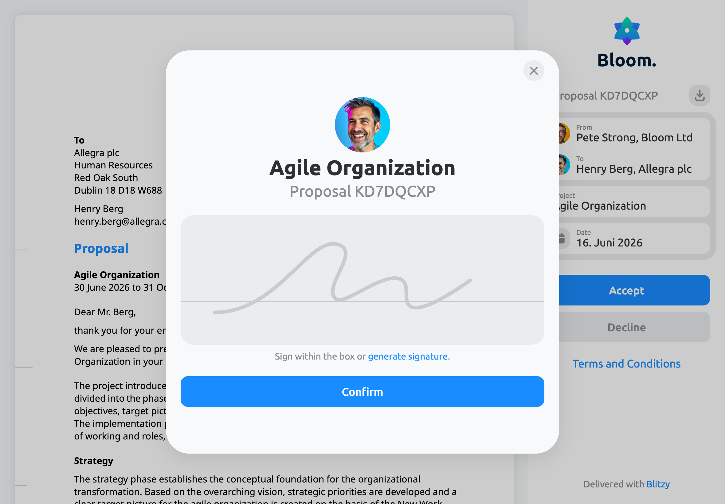 Digital signature and proposal acceptance in the client portal
