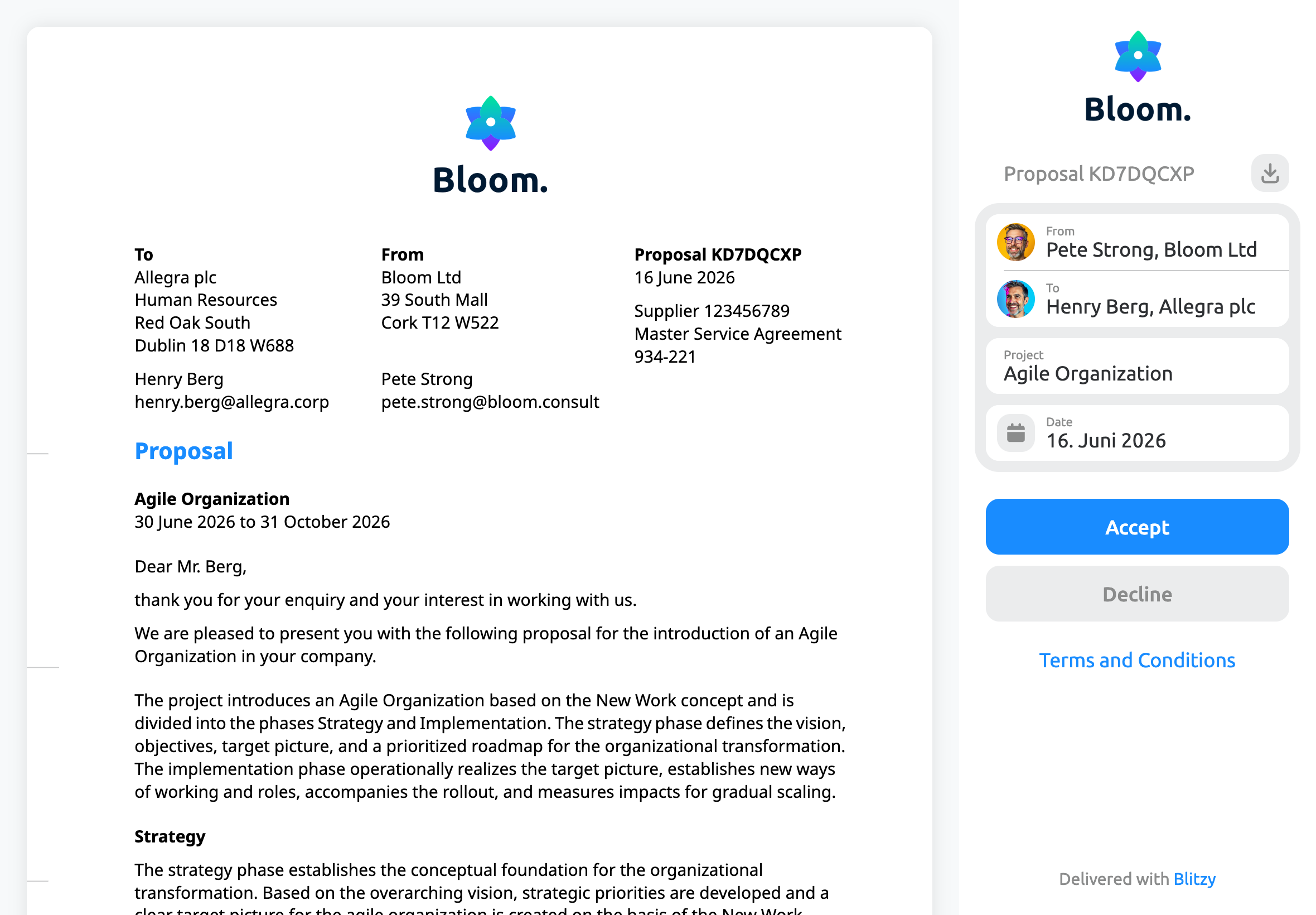 Proposal document in the client portal with your consulting firm’s branding