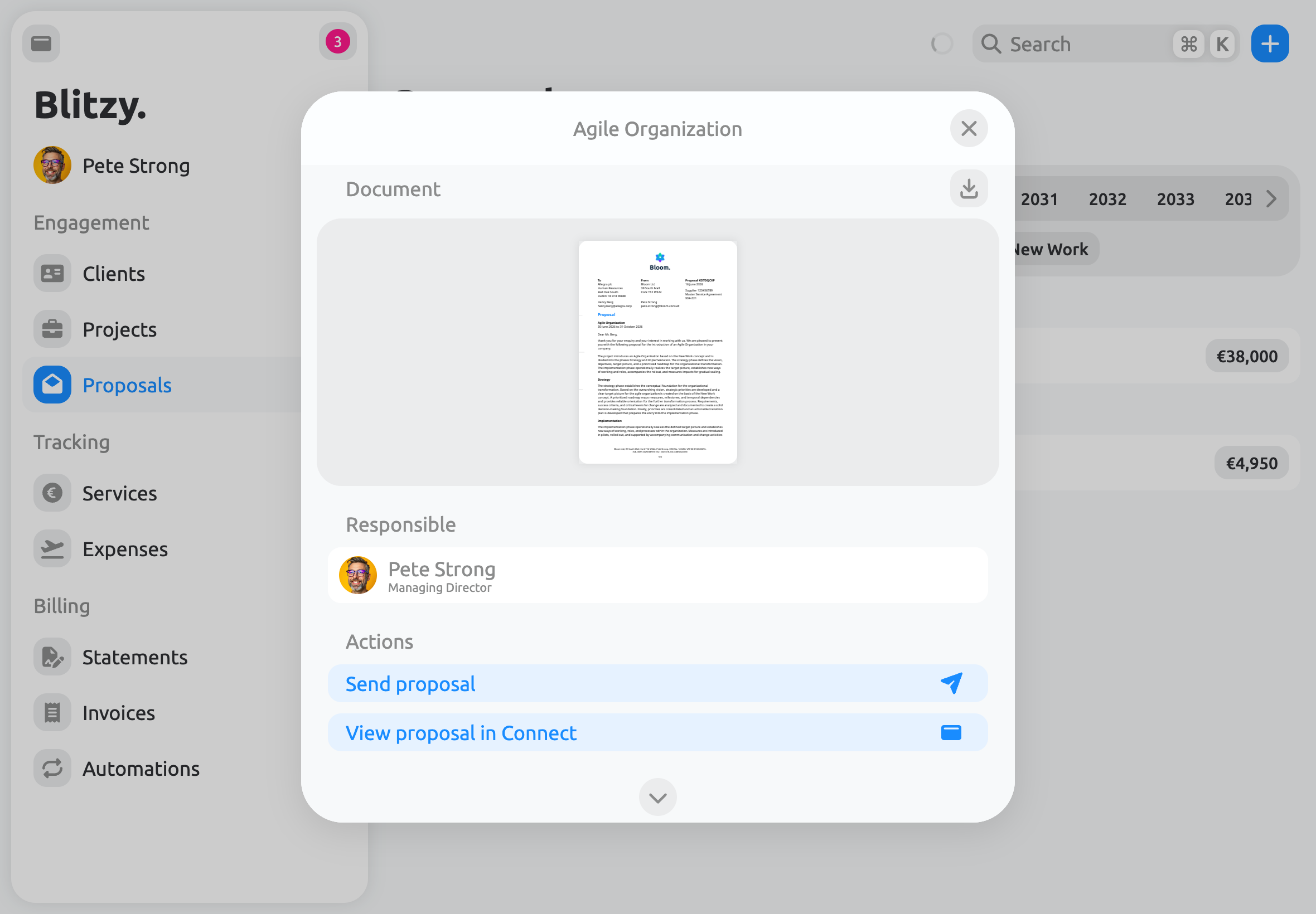 Proposal details with cover letter and document preview