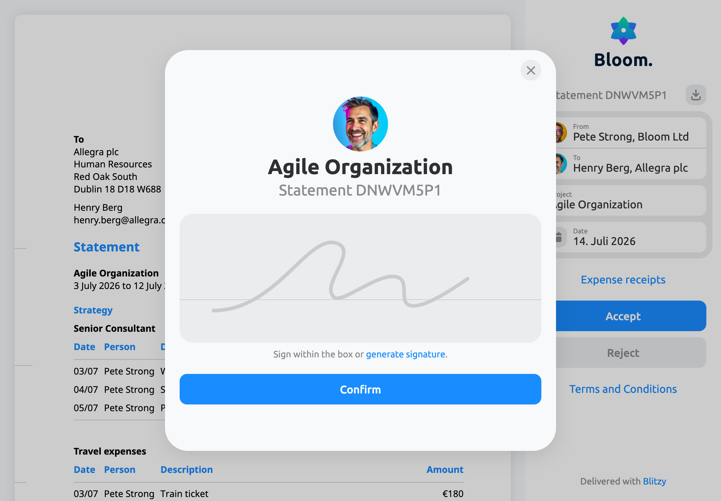 Digital signature and statement acceptance in the client portal