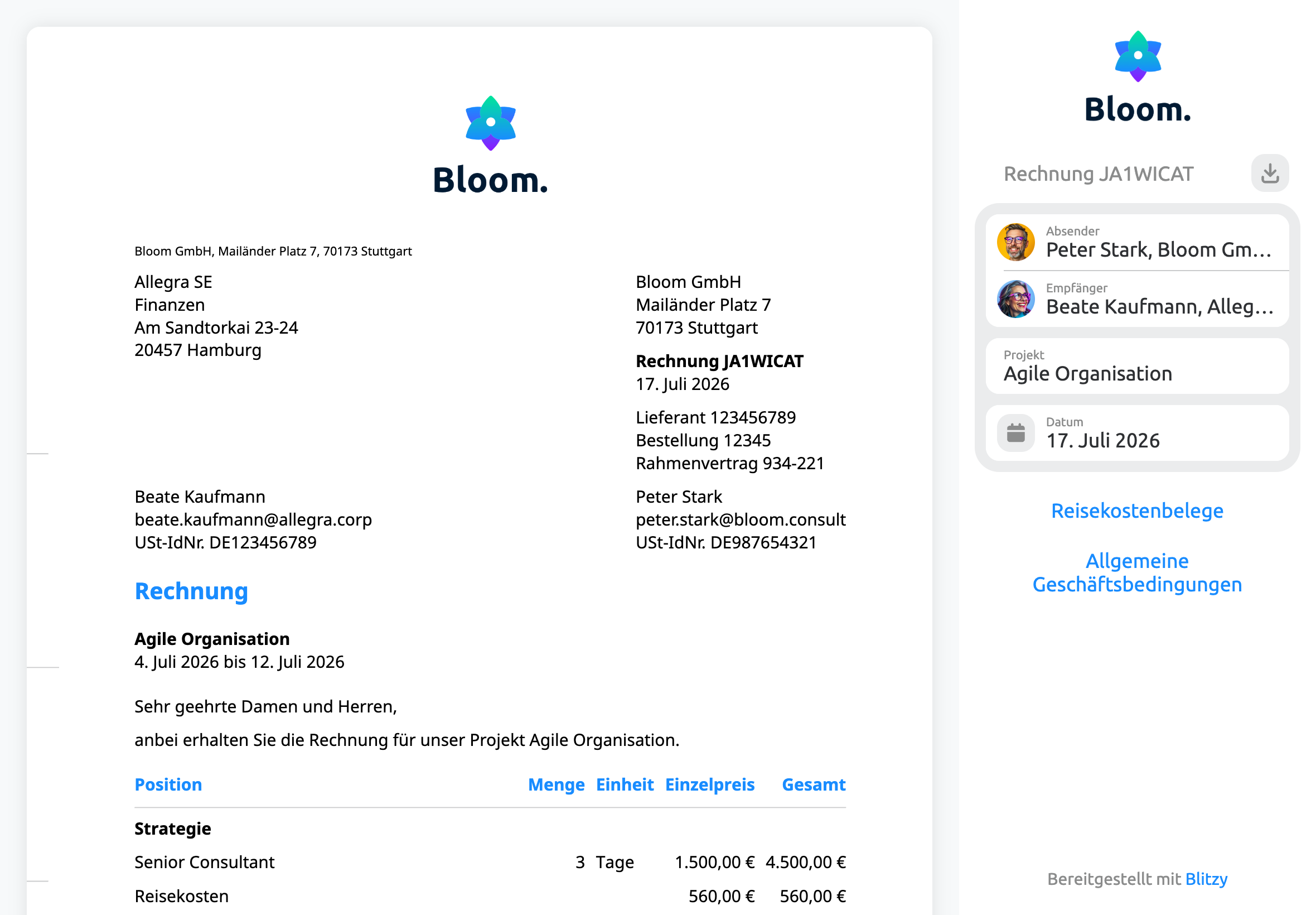E-Rechnung im Kundenportal im Look deiner Beratung, mit Giro-Code für schnelleren Zahlungseingang