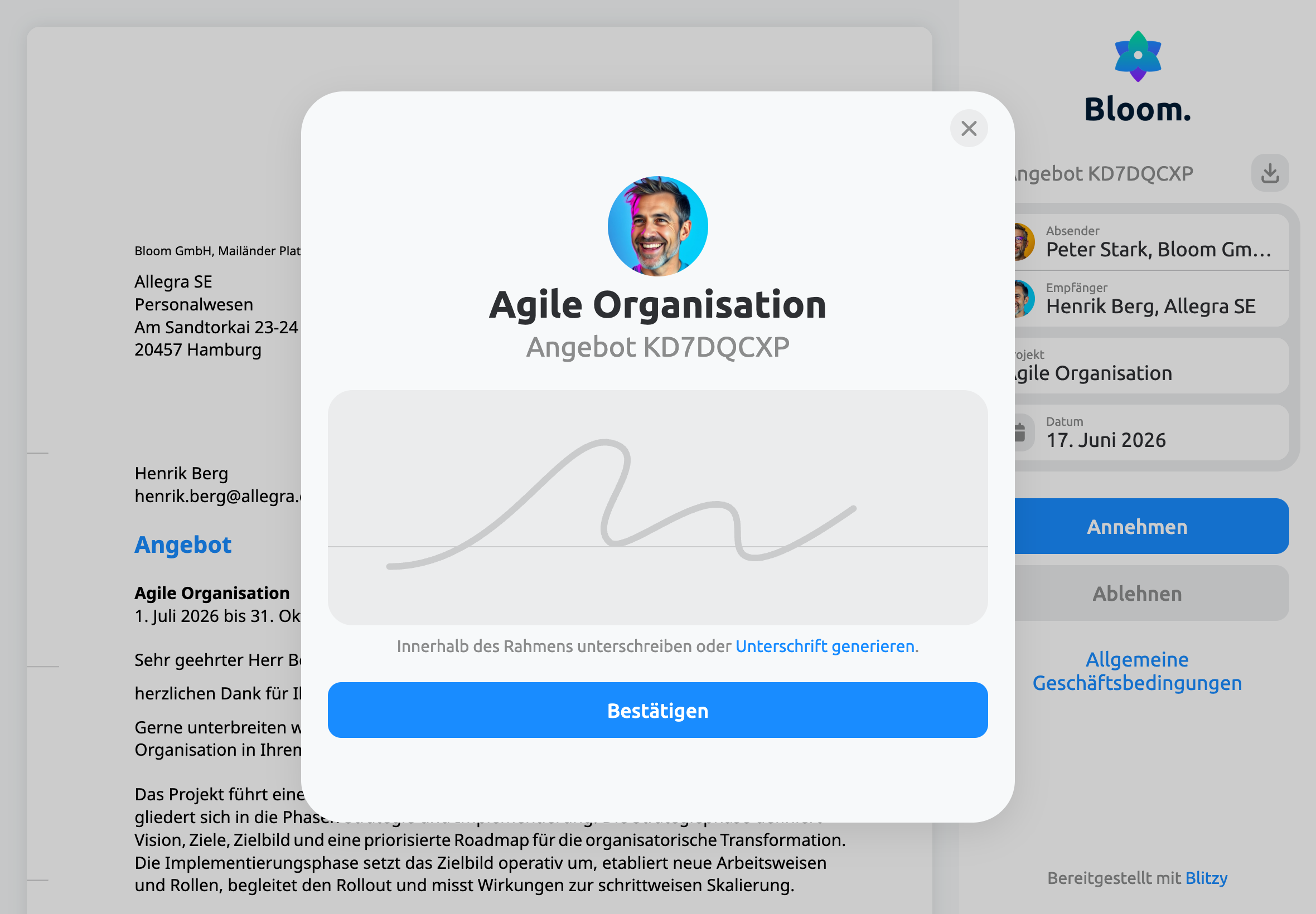Digitale Unterschrift und Freigabe von Angeboten im Kundenportal