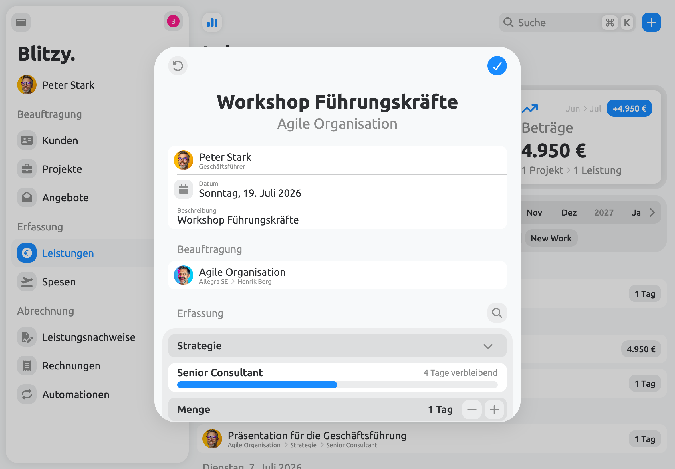 Leistungsdetails für Zeiten, Stunden, Tage, Meilensteine und Festpreise