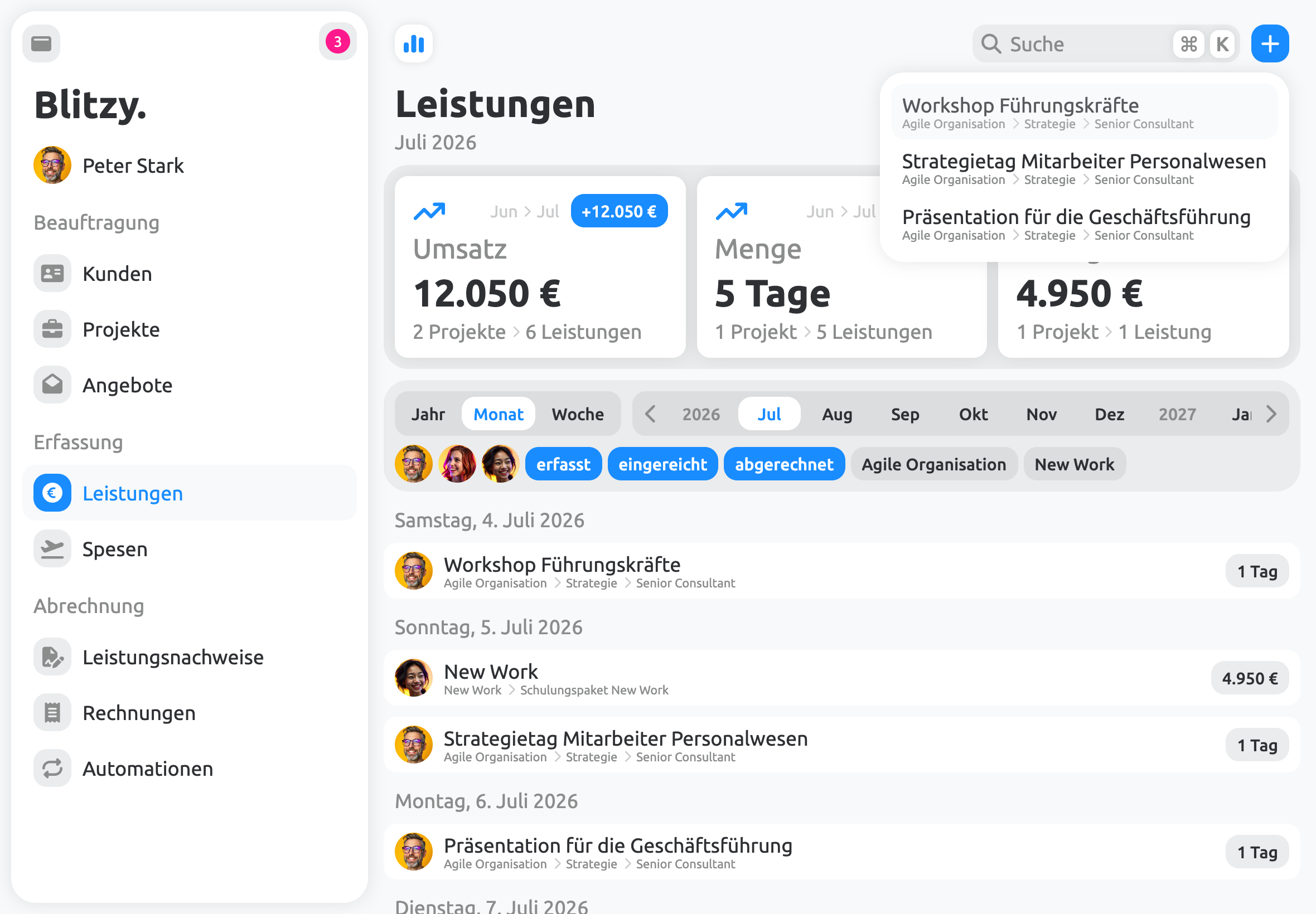 Leistungsübersicht mit Quick-Access-Auswahl für wiederkehrende Erfassungen