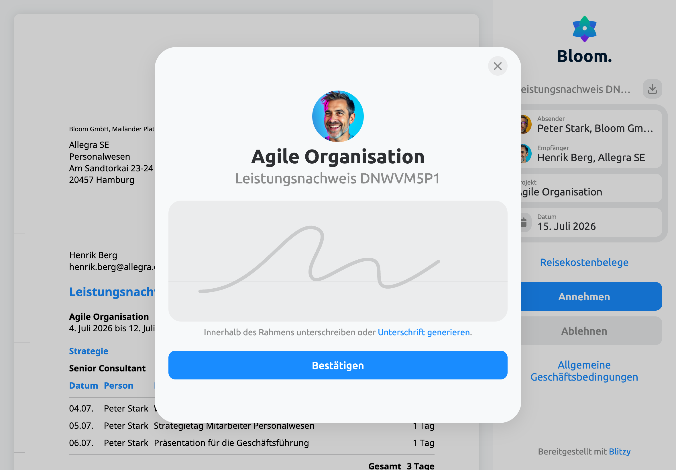 Digitale Unterschrift und Freigabe von Leistungsnachweisen im Kundenportal